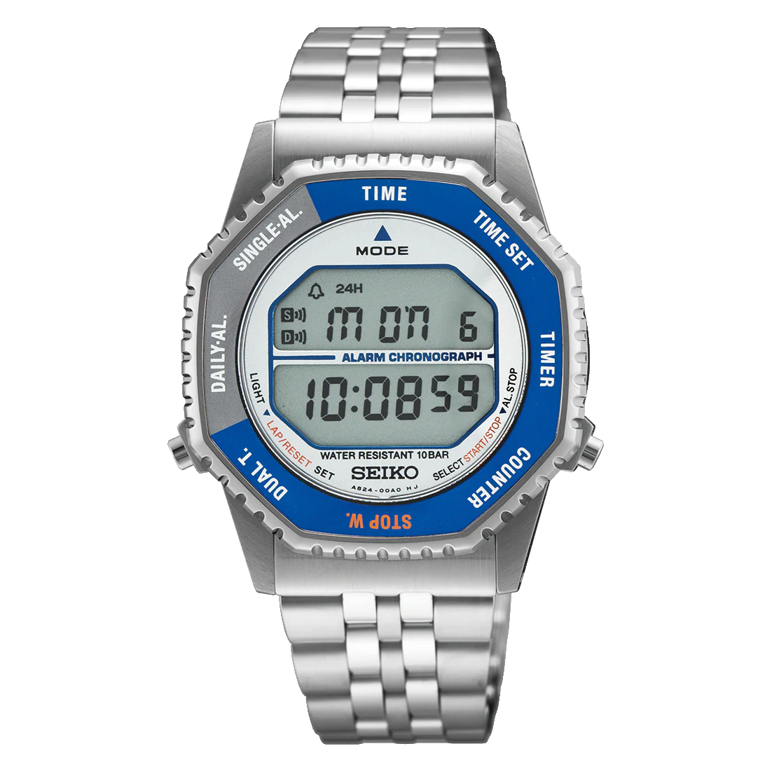 The Seiko Watch - Rotocall - SMGG21 features a silver metal band, blue/silver bezel, rectangular display showing time, date (“Mon 6”), alarm, and chronograph (10:08:59), inspired by the 1982 Rotocall series. Brand: Seiko.