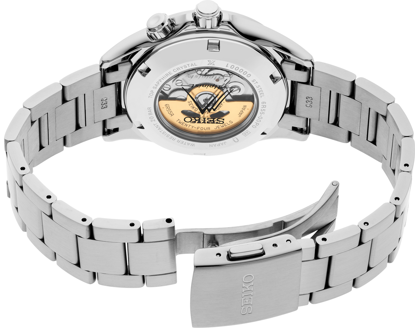 The Seiko Watch - Luxe Prospex Alpinist - SPB503 features a stainless steel case, open clasp, and a transparent case back that reveals its automatic movement with gold and black accents.