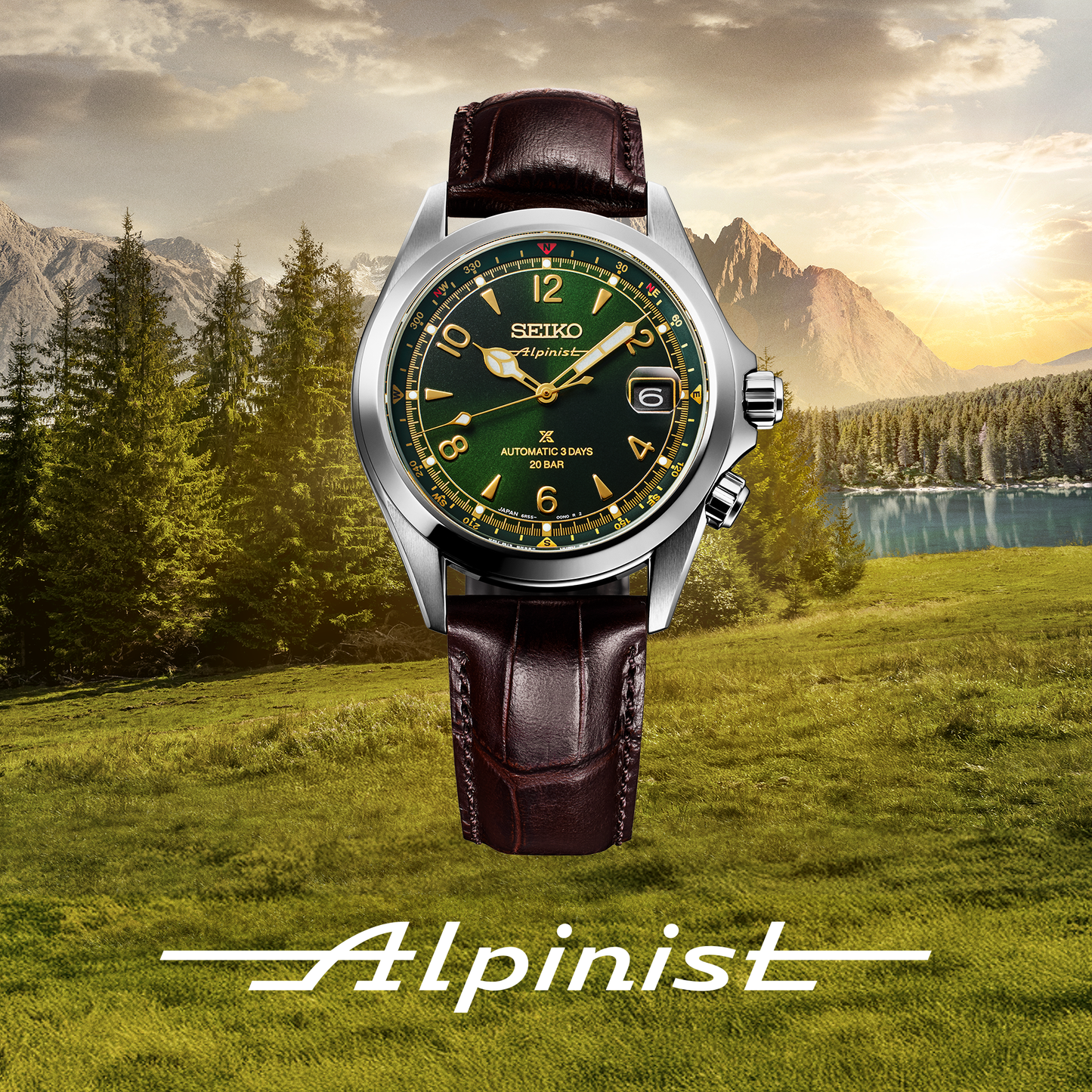 The Seiko Luxe Prospex Alpinist SPB507 automatic watch with a green dial and brown leather strap is shown before a mountain landscape with trees, lake, sunlight, and "Alpinist" written at the bottom.