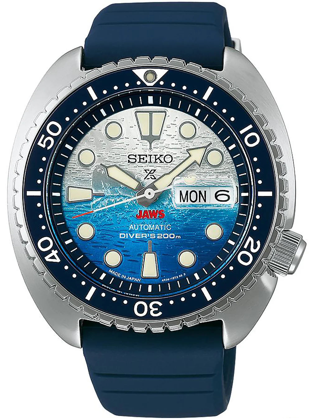 Seiko Watch - Prospex JAWS 50th Anniversary Limited Edition SRPL81 features a blue/silver gradient wave dial, day-date display, JAWS text, stainless steel case, blue rotating bezel, and blue silicone strap.