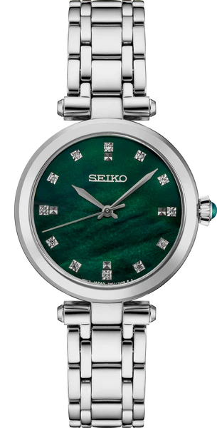 The Seiko Watch - Diamonds - SRZ535 features a green mother-of-pearl dial, silver hands, diamond hour markers, metal link band, and a green gem-accented crown.