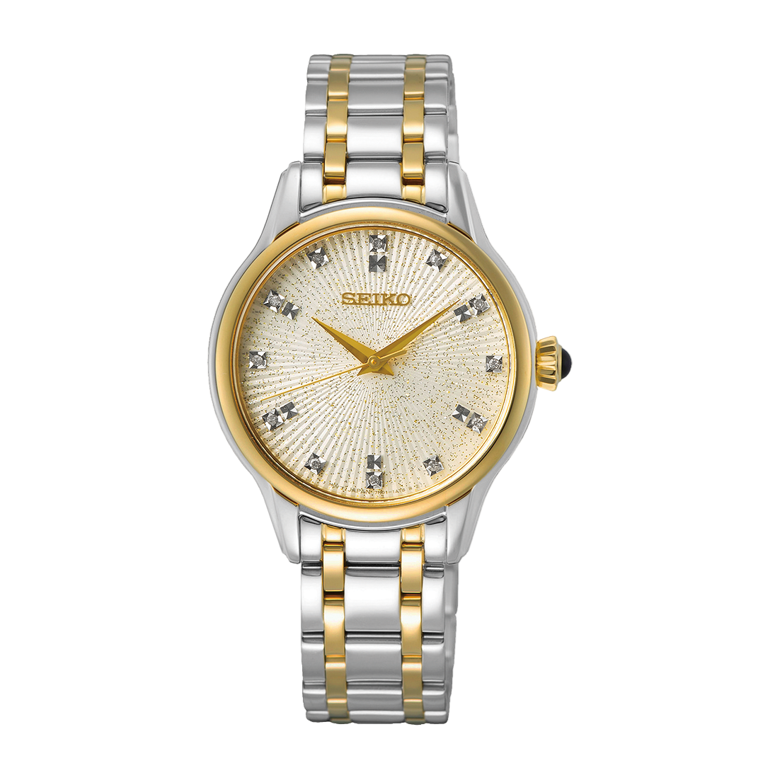 A two-tone stainless steel Seiko watch with a diamond-accented ivory dial and a gold-tone bracelet.