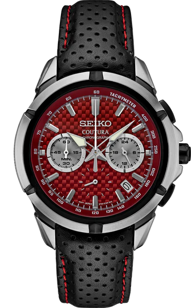 The Seiko Coutura SSB435 quartz chronograph watch showcases a red carbon-fiber dial, silver indices, three subdials, date window, black bezel, and a black perforated leather strap with red stitching.