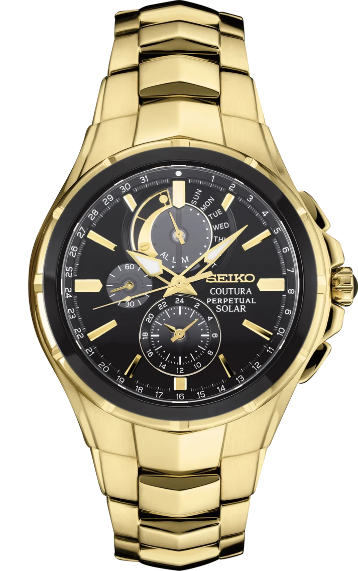 Gold-tone Seiko Perpetual Solar Chronograph (SSC700) watch with a black face, featuring three subdials, day and date indicators, and a link bracelet.