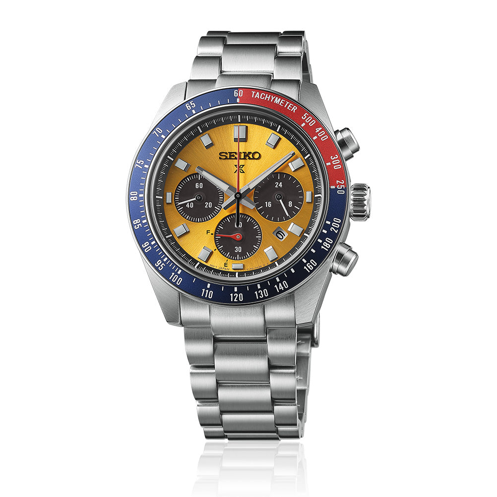 A Seiko Prospex Speedtimer watch with a stainless steel band and a dial featuring multiple subdials, a date display, and a tachymeter function.