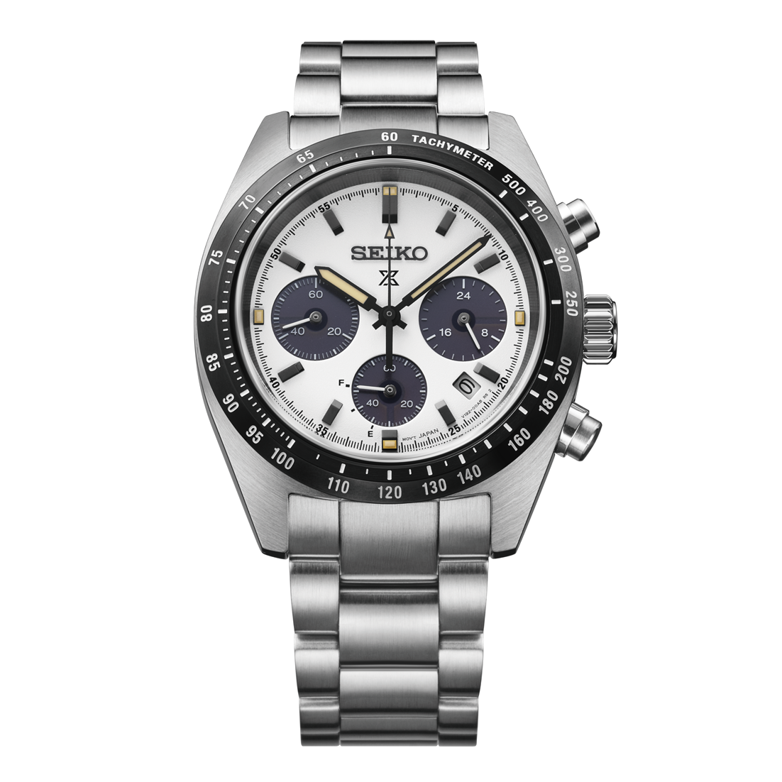The Seiko Prospex SSC961 is a stainless steel solar chronograph watch with a white dial, three blue subdials, tachymeter bezel, date window, and a silver bracelet.