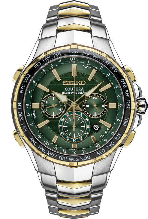 The Seiko Coutura Radio Sync Solar SSG022 is a stainless steel and gold-tone watch featuring a green dial, multiple subdials, city-code bezel, and elegant link band—advanced world time chronograph technology by Seiko.