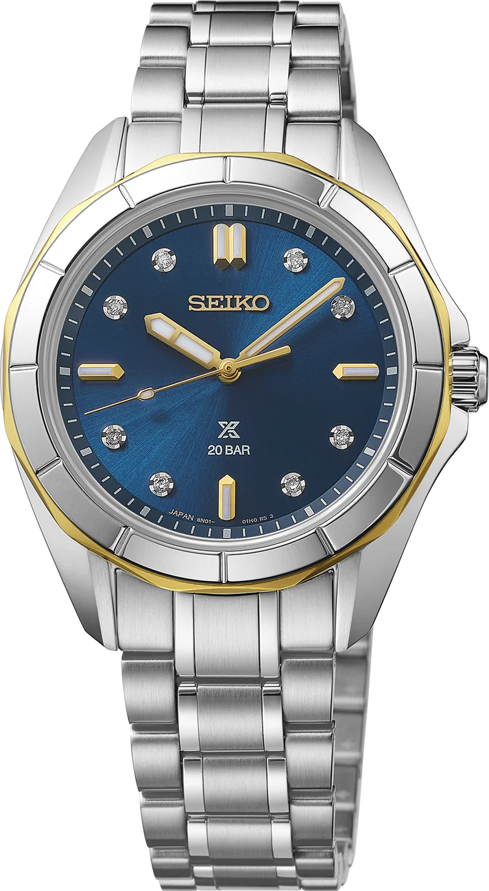 The Seiko Watch - Luxe Prospex Sea Series - SUR620 features a silver-gold metal band, blue dial with diamond markers, gold accents, durable sapphire crystal, and 20 BAR water resistance—a refined dive watch by Seiko.