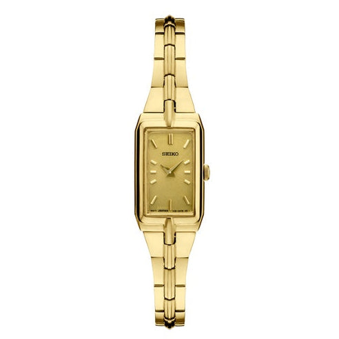 The Seiko Watch - Essentials Collection SWR048 features a gold-tone stainless steel case, rectangular face, gold dial, and matching strap, shown against a plain white background.