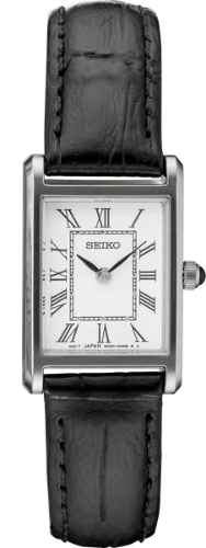 The Seiko Watch - Essentials - SWR053 features a rectangular silver case, white dial with black Roman numerals, and a black leather strapβa stylish minimalist timepiece from Seiko.