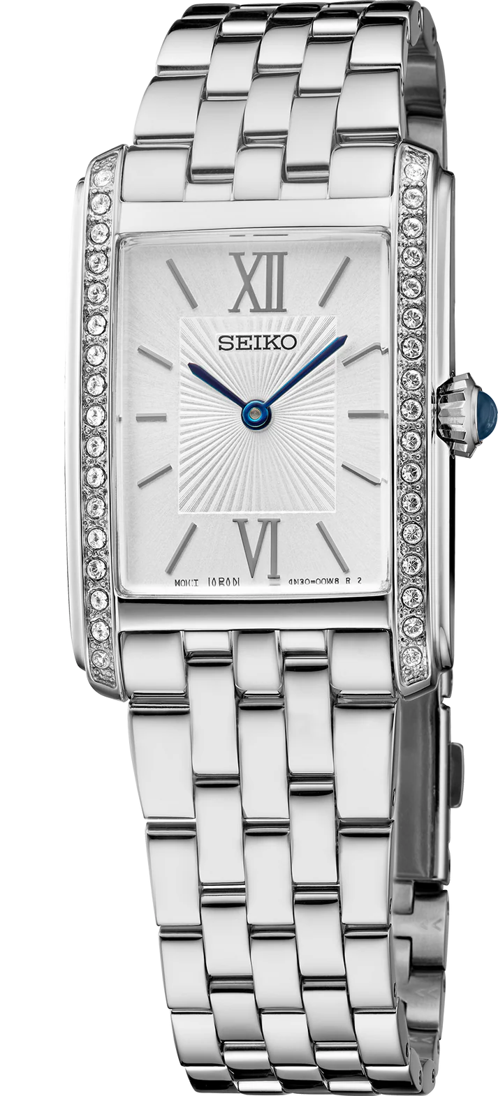 The Seiko Watch - Crystal Essentials - SWR091 features a silver rectangular face, blue hands, Roman numerals, dual diamond rows on each bezel side, and a polished stainless steel linked band.
