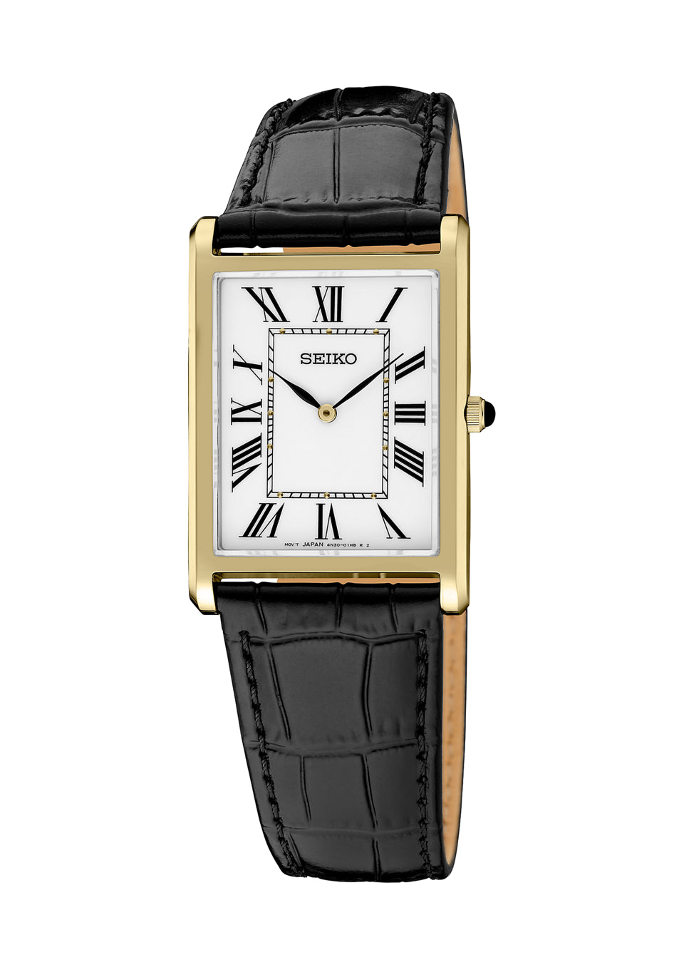 The Seiko Watch - Men's Essentials - SWR104 features a rectangular gold-tone case, white dial with black Roman numerals and hands, black crocodile pattern leather strap, and quartz movement—an essential men’s timepiece from Seiko.