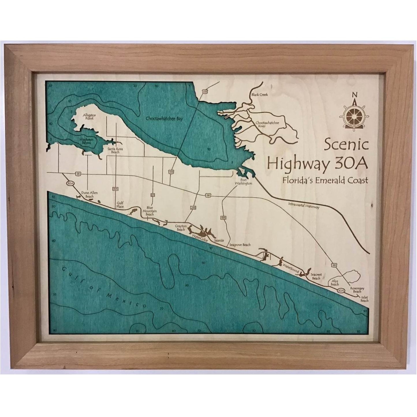 Lake Map - 30A - Laser Carved Wooden Relief Map - 11" x 14" - Florida's Scenic 30A