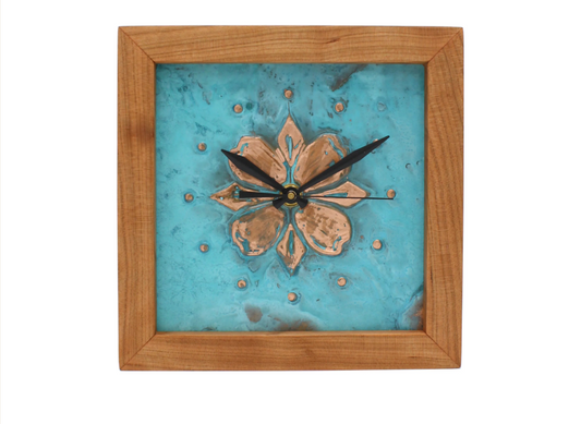 The Sabbath Day Woods - Patina Dogwood Handcrafted Wood Box Clock features an Appalachian cherry wood frame, turquoise face, copper dogwood floral center, black hands at 10:10, and metallic hour dots.