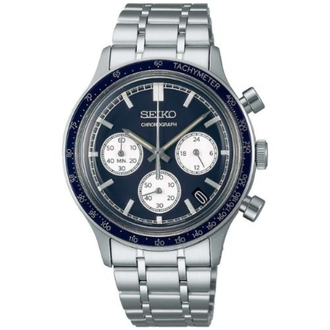 The Seiko Watch - Essentials - SSB477 is a silver chronograph with a dark blue dial, three subdials, date window, tachymeter bezel, stainless steel bracelet, and two pushers on the right side of the case.