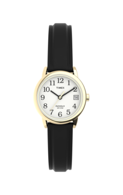 The Timex Easy Reader T2H3419J features a gold-tone case, white dial with black numerals and hands, a date window at 3 o’clock, and a classic black leather strap.