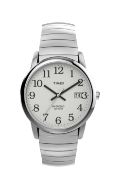 The Timex Easy Reader T2H4519J features a silver-tone case, white dial with black numerals, men's expansion band, INDIGLO night-light, and a date display at the 3 o’clock position.
