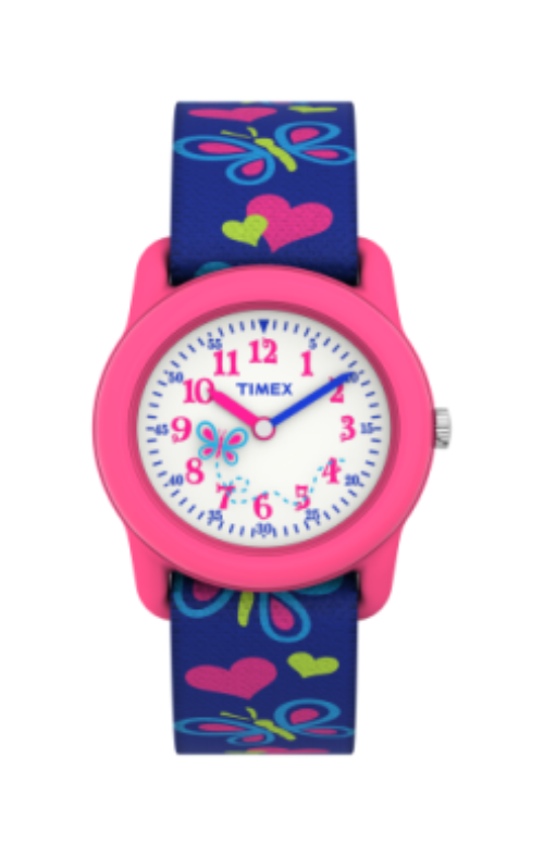 The Timex Watch Kids - Time Machine (T890019J) by Timex features a pink case, white dial with butterfly and heart motifs, and a blue strap decorated with pink and green hearts and butterflies. The watch shows the time as 1:50.