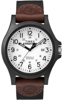 A Timex Expedition Resin Field watch (TW4B082009J) by Timex features a white dial, black numerals, a black case, brown leather strap, and black hour/minute hands showing the time as 10:09:37.