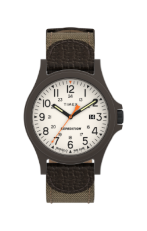 The Timex Watch - Expedition Acadia (TW4B237009J) features a brown and green fabric strap, white dial, bold black numerals, date at 3 o’clock, plus orange accents on the second and hour hands.