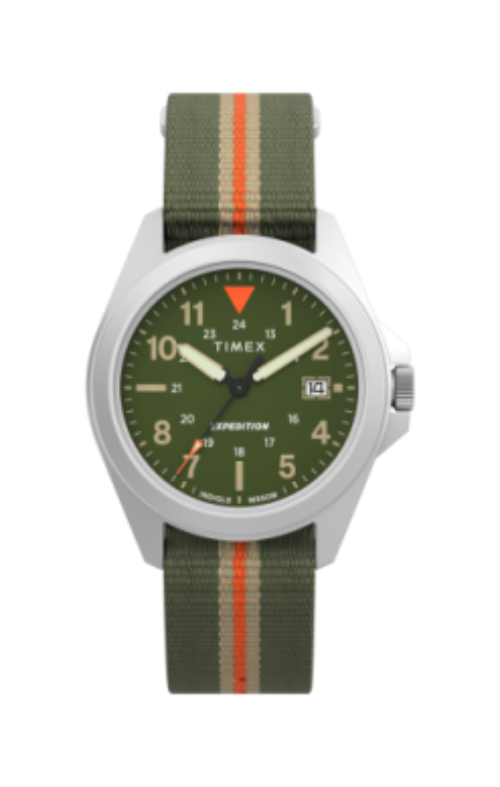 The Timex Watch - Expedition Field - TW4B324009J by Timex features an olive green dial with white markings, a date window, and an olive green fabric strap accented with bold orange and beige center stripes.