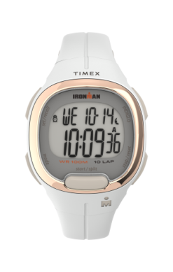 The Timex Ironman T10 (TW5M199009J) digital sports watch in white shows 10:09:36, date Wed 10-14, has mode, recall, stop/reset, start/split buttons, a gold-tone bezel, and is labeled 100M water resistant. Brand: Timex.