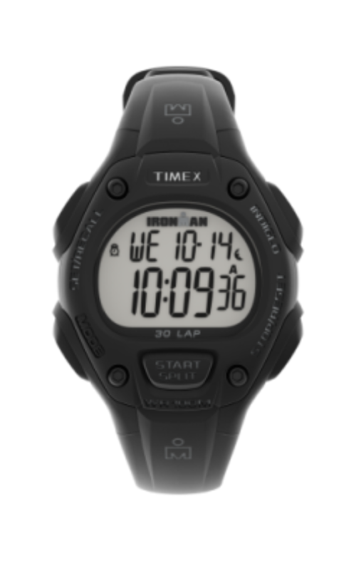 The Timex Ladies' Ironman C30 Watch (model TW5M449009J) has a round face, multiple buttons, a durable black rubber strap, and displays the time 10:09:36 and date Wednesday, October 14.
