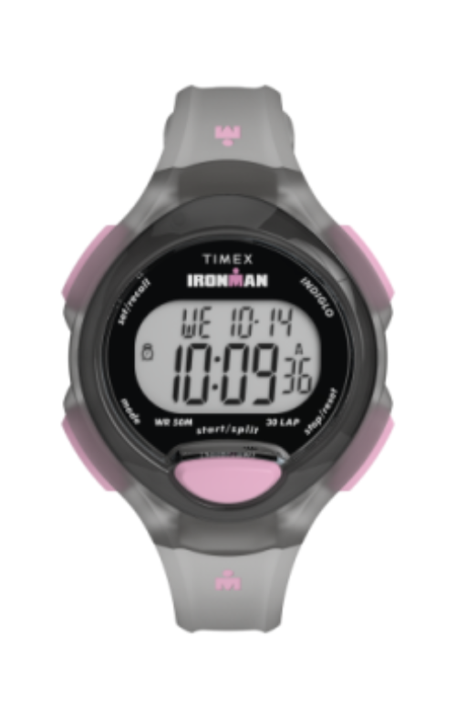 Perfect for active lifestyles, the Timex Watch - Ladies' Ironman Essential (TW5M657009J) features a gray/pink band, 10:09:36 time display, shows Wednesday, October 14, offers start/split and INDIGLO light.