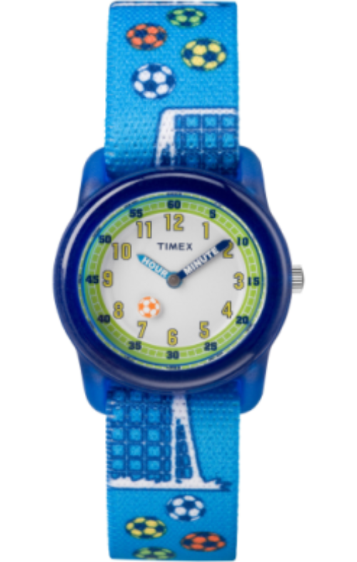 The Timex Watch - Time Machine Kids (TW7C165009J) by Timex features a blue strap with soccer balls and goal nets, plus a watch face with green and blue markers and labeled hour/minute hands to help kids learn to tell time.