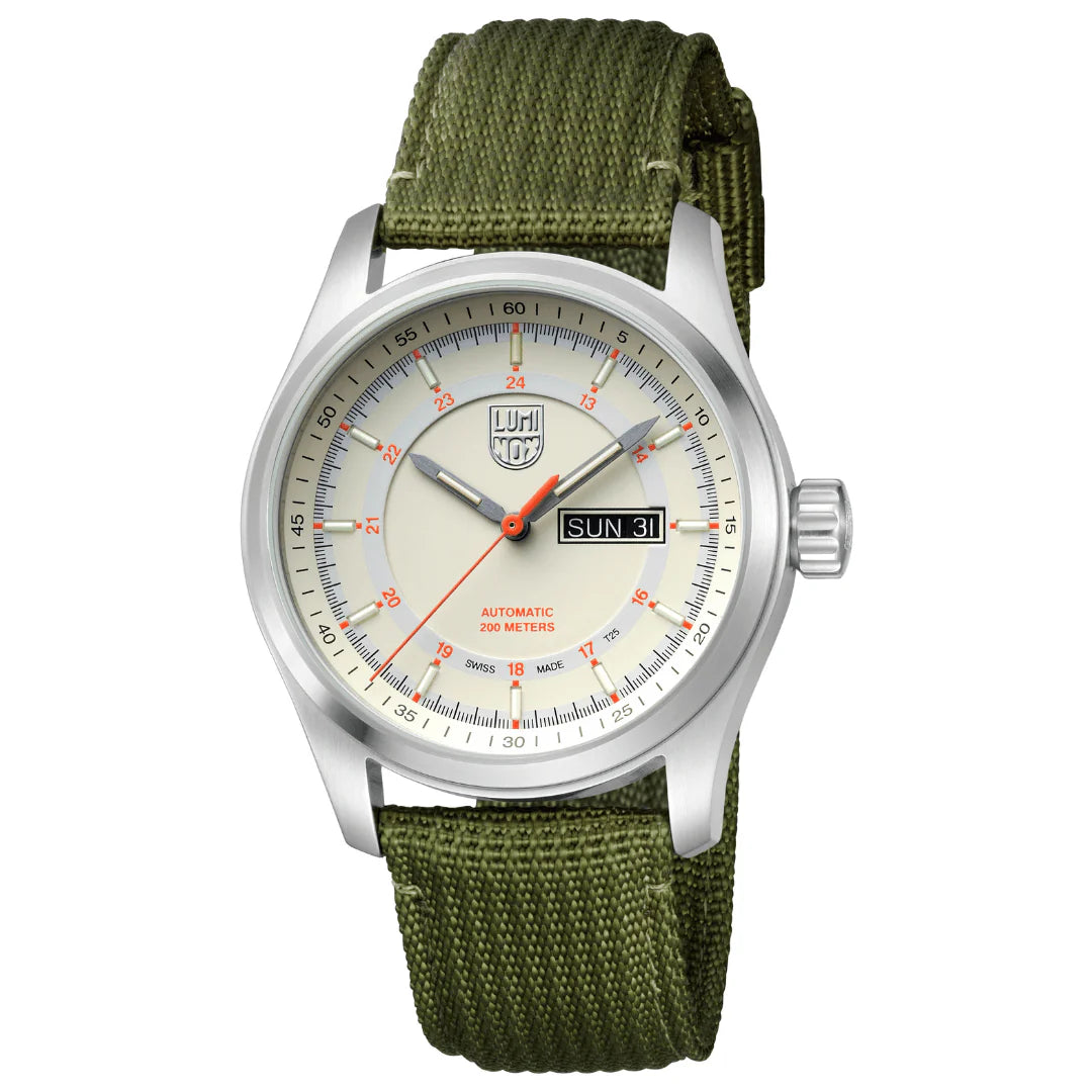 The Luminox Watch - Atacama Field Automatic - XL.1907.NF features a round white dial with black and red markings, green fabric strap, day-date display “SUN 31,” 200m water resistance, and Swiss automatic movement for stylish durability.