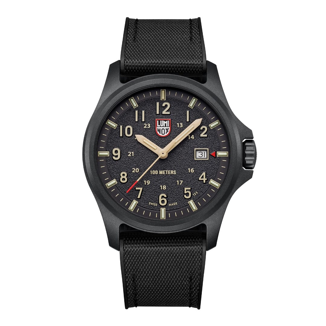 Black Luminox wristwatch with a detailed face on a white background