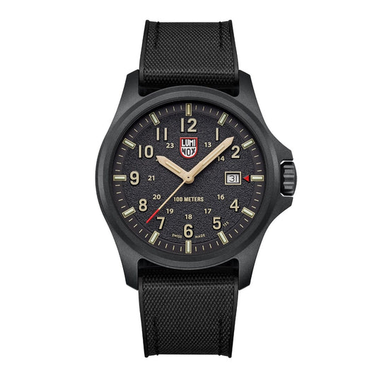 Black Luminox wristwatch with a detailed face on a white background