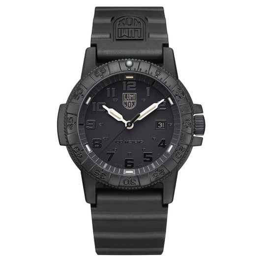 The Luminox Watch - Leatherback Sea Turtle - XS.ZC01.BO features a black dial, black rubber strap, rotating bezel, white numbers, date window at 3 o’clock, and bold hands. Brand: Luminox.