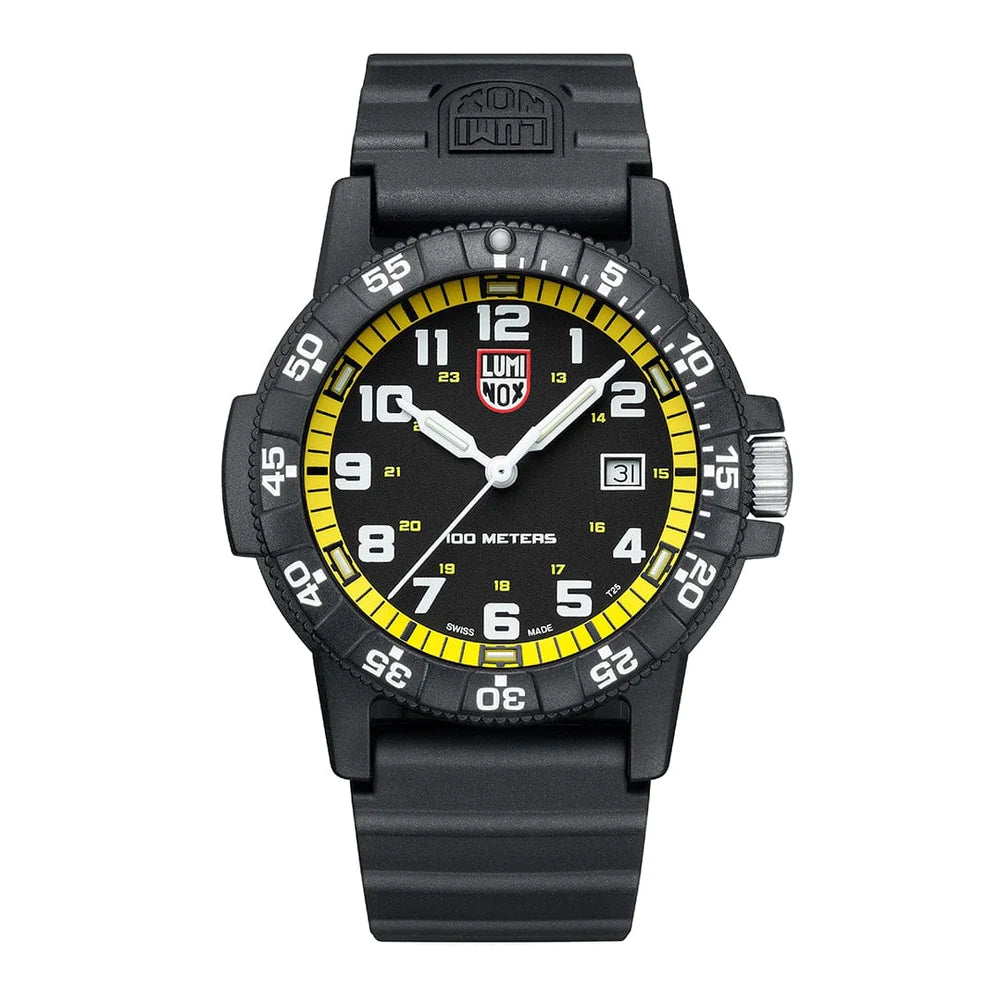 The Luminox Watch - Leatherback SEA Turtle Giant - XS.0325 features a yellow and black bezel, white numerals, date window at 3 oclock, Swiss Quartz movement, and a 100m water-resistant black rubber strap.
