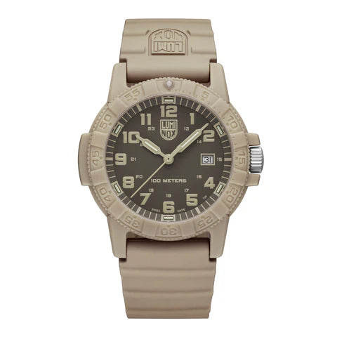 The Luminox Watch - Sand Turtle - XS.0326 features a tan rubber strap, round black dial with white numbers, date at 3 o’clock, and 100m water resistance. This Swiss Made quartz watch by Luminox is from the Leatherback Sea Turtle collection.