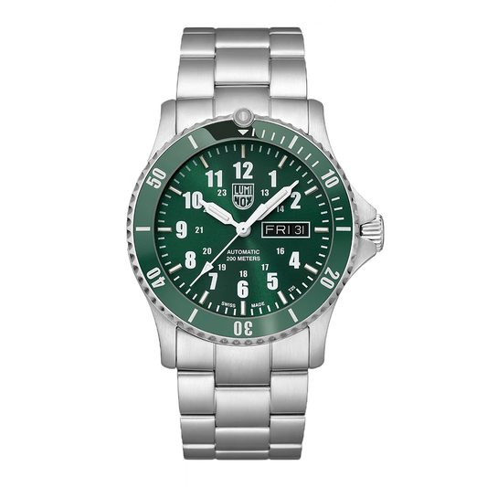 The Luminox Watch - Sport Timer Green Sunray Dial - XS.0937 features a silver stainless steel bracelet, green sunray dial, white markers, and date/day display at 3 o’clock, displayed against a plain white background.