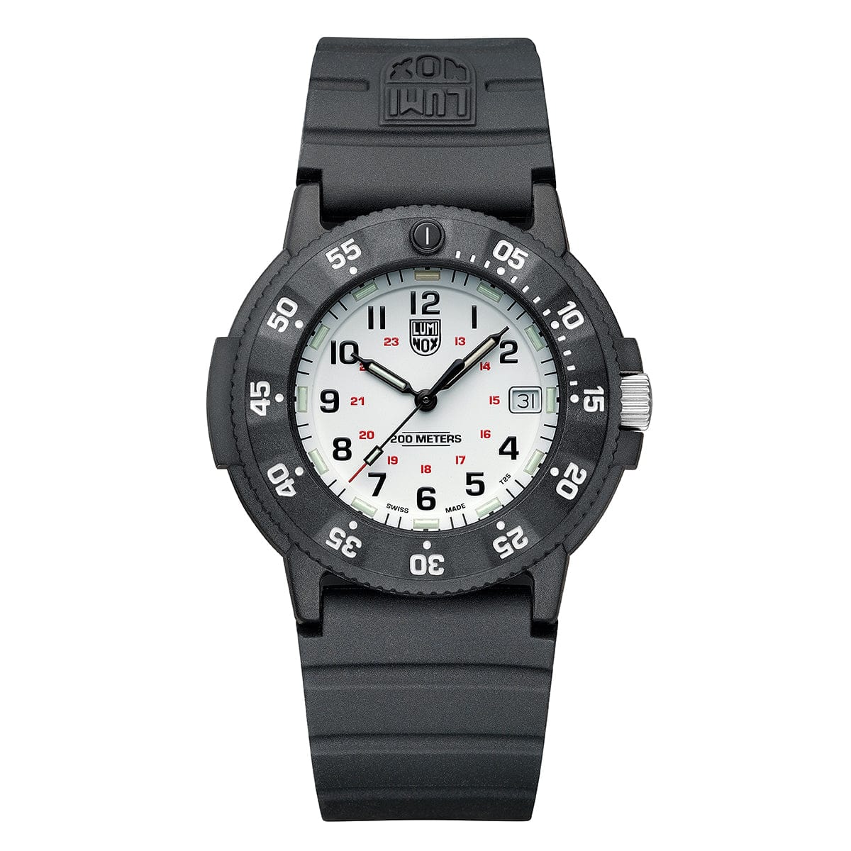 The Luminox Original Navy SEAL Evo Military Watch (XS.3007.EVO.S) features a black case, white dial with black numerals and red 24-hour markings, a bezel with white minute markers, a durable ridged strap, and the Luminox logo above the face.