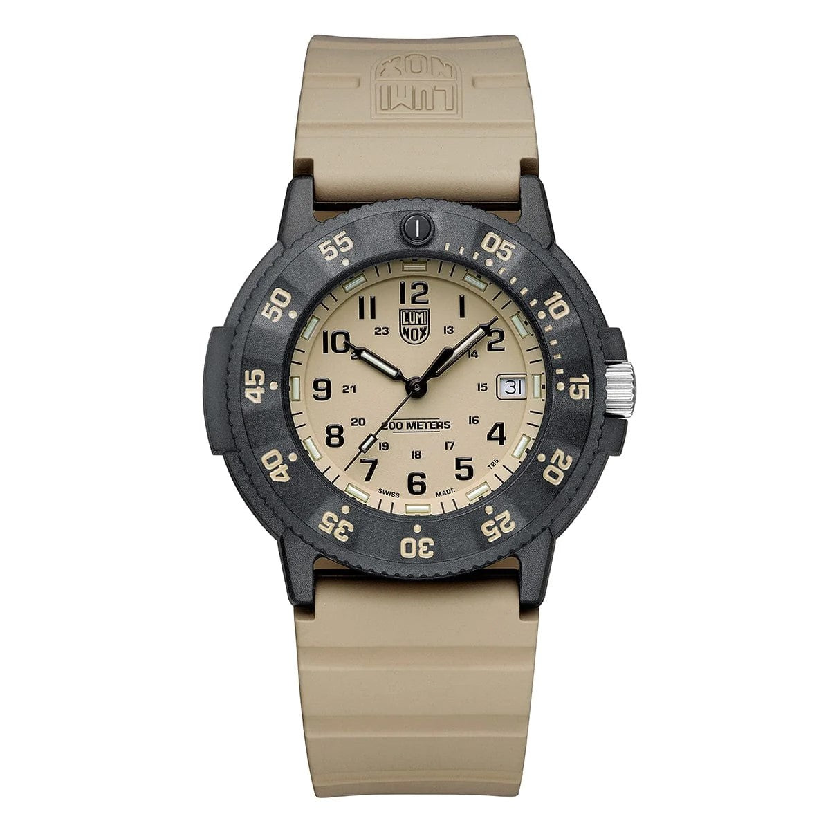 The Luminox Original Navy SEAL Evo Military Watch (XS.3010.EVO.S) features a black bezel, beige strap, round face, date window, standard and military time display, hour/minute markers, and 100-meter water resistance.