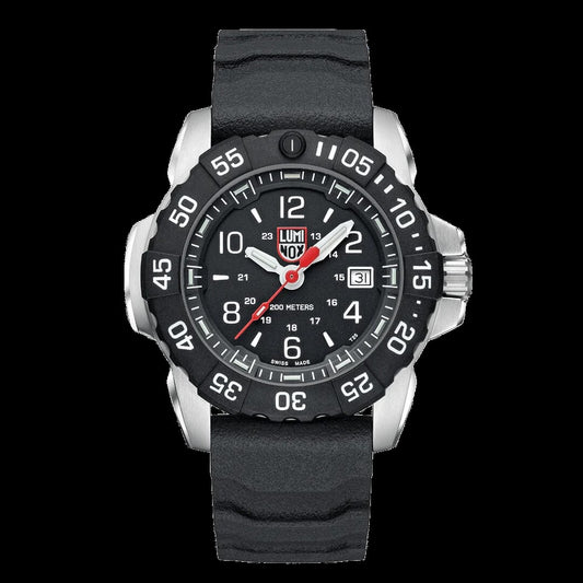 The Luminox Watch - Navy SEAL Carbonox Military Watch (XS.3251.CB) is a rugged black Swiss Made timepiece with a round face, white numerals, red logo, date display, black rubber strap, and 200m water resistance.