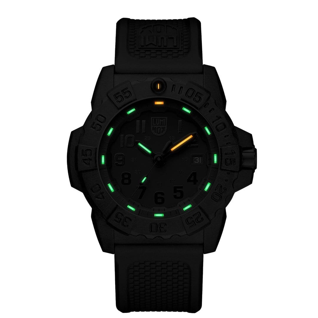 The Luminox Navy SEAL Diver’s Watch XS.3501.BO.F features a black design, textured band, luminous green and orange hour markers, and glowing hands on a dark face. Ideal for deep dives with 200m water resistance.