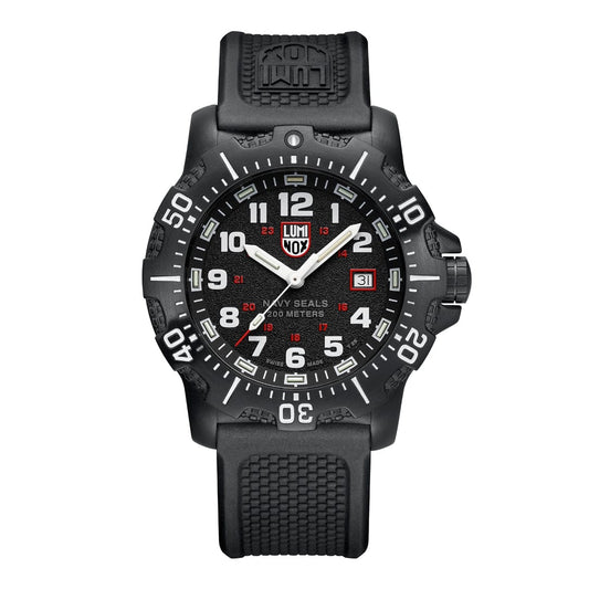 The Luminox Watch - MIL-SPEC - XL.3351.1.SET features a black round face, white numerals, red accents, date at 3 oclock, bold white hands, and a textured black strap.