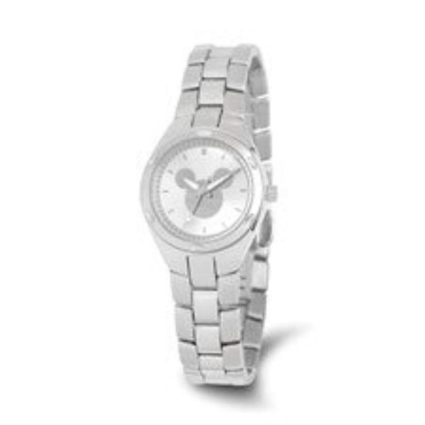 The Quality Gold Watch - Ladies Silver Dial Mickey Mouse (XWA5150) by Quality Gold features a round silver face with three hands and a stainless steel link band, shown at a slight angle on a plain white background.
