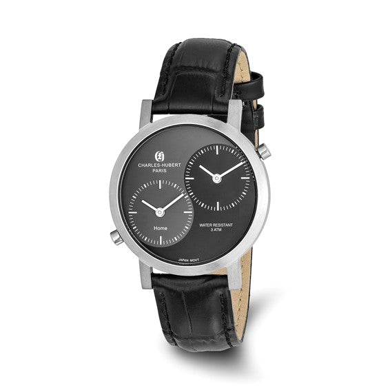 Presenting the Charles Hubert Watch - Dual Time Zone - XWA567 by Charles Hubert. This men’s wrist watch boasts a refined black leather strap and a modern silver case. Its dual time zone feature is highlighted by two distinct black dials, clearly marked “Home” and “Away,” ensuring easy and stylish timekeeping no matter where you are.