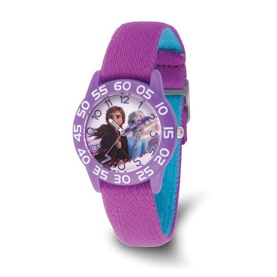 The Quality Gold Watch - Frozen Elsa and Anna (XWA6419) for kids features Elsa and Anna on the dial, large white minute numbers, a textured purple strap, and is perfect for Disney Frozen fans.