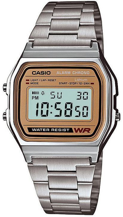 The Casio Watch - Vintage - A158WEA-9 by VLC Distribution Co. features a stainless steel band, rectangular face with gold/black border, digital display (10:58:50), “Water Resist” label, alarm, and chronograph functions.
