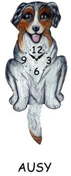 Illustration of a happy Australian Shepherd with a clock face on its chest and tail hanging down. “AUSY” is written below. Perfect as the Pink Cloud Australian Shepherd - Wagging Tail Dog Clock or a unique pet lover gift.