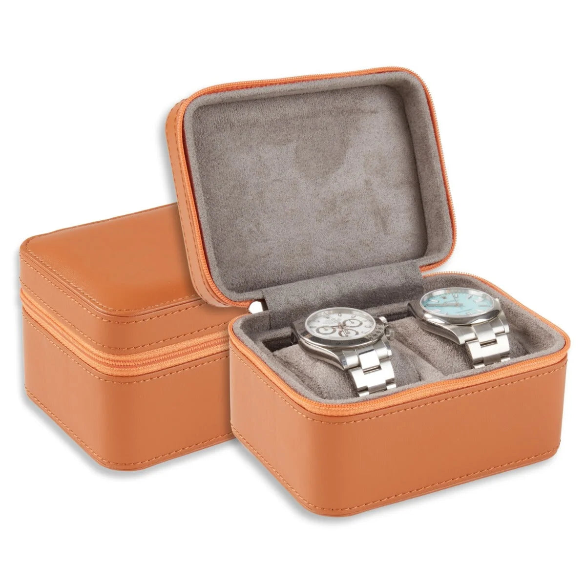 Two tan BeyBerk Watch Box - Brown Matteo Watch Case - BB716BRW cases, one closed and one open, containing two silver-tone wristwatches.