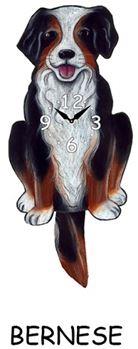 The Pink Cloud Bernese Mountain Dog Wagging Tail Dog Clock features a whimsical pet design with a classic clock face on its chest, black hands, and "BERNESE" in bold below the image.