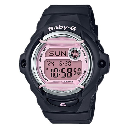 The Casio G-Shock Watch BG169M-1 by VLC Distribution Co. is a black and pink digital wristwatch showing 10:58:50 and Sunday, with impact resistance, multiple buttons, a circular digital calendar, and a design made for daily adventures.