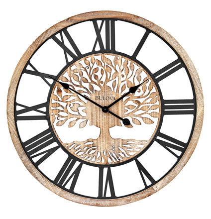 Bulova Clock - Tree of Life - C3393 round wall clock featuring a natural hardwood frame, black Roman numerals, and a central cut-out Tree of Life design.